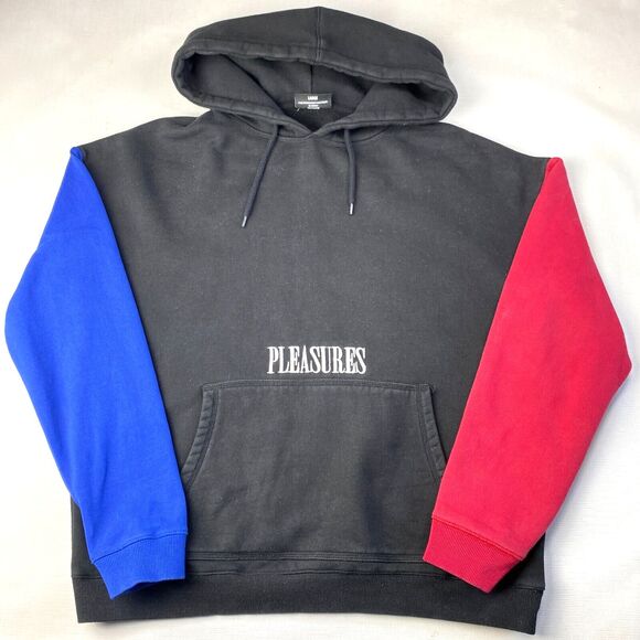 PLEASURES Split COLOR BLOCK HOODIE! Black Blue Red Pullover Street Wear Sz L - Picture 1 of 16
